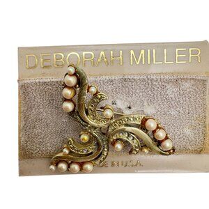 Vintage Deborah Miller Gold Tone & Faux Pearl Brooch Pin 90s